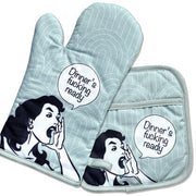 Double Trouble Inc Funny Oven Mitt and Pot Holder Set - Dinner Ready Quirksy gifts australia